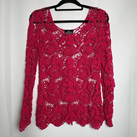 Angie Sweaters - ANGIE Women's Crochet Lace Long Sleeve Scoop Neck Sweater‎ Top Pink Size S Fairy